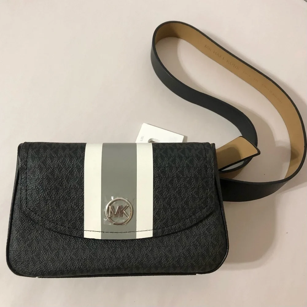 NWT Michael Kors Black and Gray Crossbody Logo Belt Bag with Stripe size L/XL
